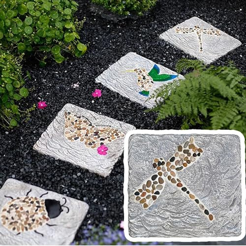 Trittsteine, quadratische Gartensteine mit Kieselsteinen, Trittstein-Rasenstein-in-Set für Außengehwege aus Betonmaterial, 31 x 21 cm große Fliesen für dekorative Gartenwege (Farbe: Libelle)