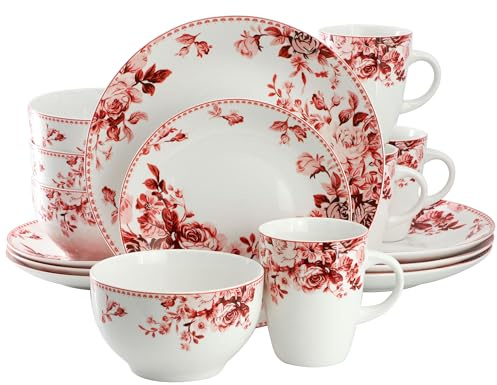 Elama Traditional Rose 16 Piece Porcelain Dinnerwar/Tableware Set, Service for 4 (Red)