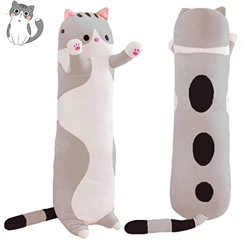 Sausudols Lange Katze Kuscheltier Stofftiere Plüsch Katzen Spielzeug Kuschelkissen Geschenke für Kinder Freundin Grau 90CM