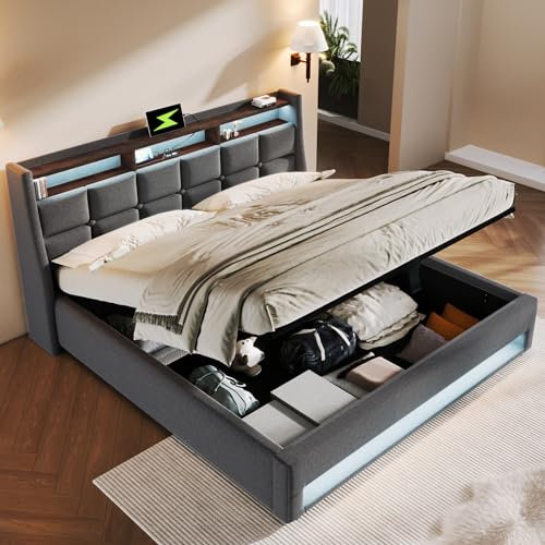 Gegtuon Polsterbett Doppelbett 180x200 mit LED-Licht & USB-Buchse, Bett mit Hydraulisch Stauraum Underbett & Kopfteil, Stauraumbett Funktionsbett Jugendbett mit Lattenrost, ohne Matratze, Leinen, Grau