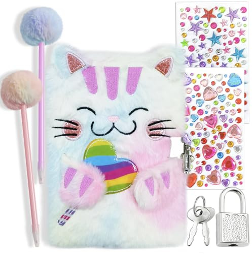 Belegao Diario secreto con cerradura para niñas, diario esponjoso con llaves de candado, bolígrafo y diamantes de imitación, juego de cuaderno secreto de felpa para el hogar, la escuela, viajes,
