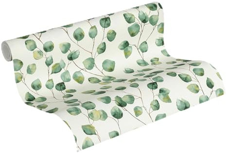 Carta da parati per pareti soggiorno DESIGNDROP - carta da parati non tessuta preincollata in bianco, verde - 10,05 m x 0,53 m - Carta da parati floreale con viticcio di foglie il soggiorno - 784541