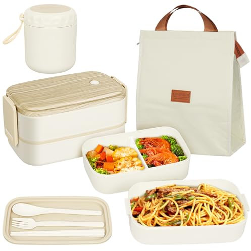 UHAPEER 2 Tier Bento Lunch Box with Lunch Bag, Soup Contaniner, Cutlery, Bento Boxes with Adjustable Compartments, Lunch Boxes for Adults and Kids, Leakproof Container Lunchbox for Work and School
