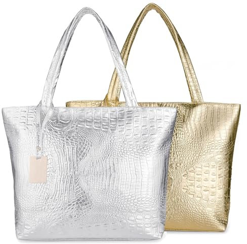 Große Schultertasche für Damen, Handtasche, Reisetasche, stylisches Fuax-Leder, Krokodilleder-Hobo-Tasche mit Tragegriff oben, Silber / Gold, Large