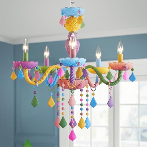 5-Lights Children Chandeliers, Modern Candy Design, Colorful Crystal Chandeliers for Bedroom, Dining Room, D22.8'' × H33.5'', Adjustable Height (33.5~70.9), Youth Color & Chrome Finish Frame