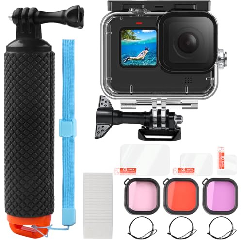 60M/197FT für Go Pro Hero 13/12/11/10/9 Unterwasser Wasserschutzgehäuse Set | Wasserdichtes Gehäuse mit 3 Tauchfiltern und Schwimmendem Griff für Go Pro Hero 13/12/11/10/9 Black Zubehör Tauchset