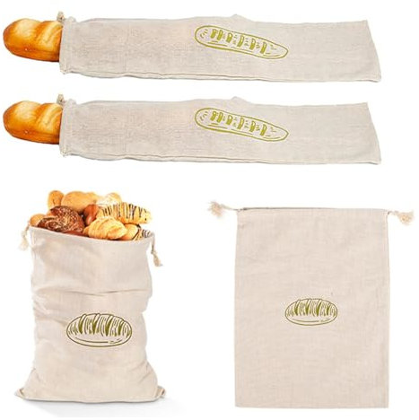 Lot de 4 sacs à pain en lin avec cordon de serrage - Sac de rangement pour pain fait maison - Réutilisable - Pour conserver le pain, les baguettes, les fruits et les légumes