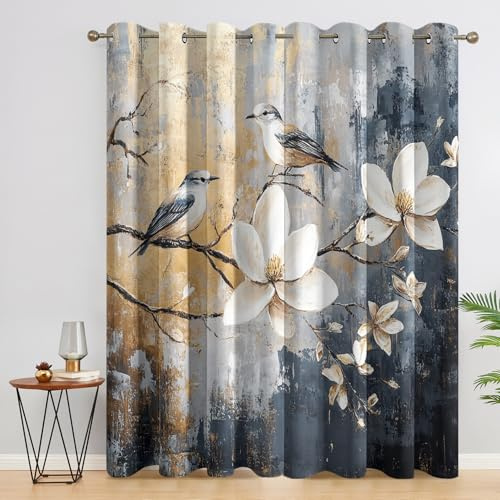 Generisch Vorhang Vögel Blumen Blickdicht, Rustikale Vorhänge Floral, Fenster Gardinen Schlafzimmer Wohnzimmer, Verdunklungsvorhänge mit ösen, Thermovorhang, 2er Set Curtains, H 220 x B 140 cm