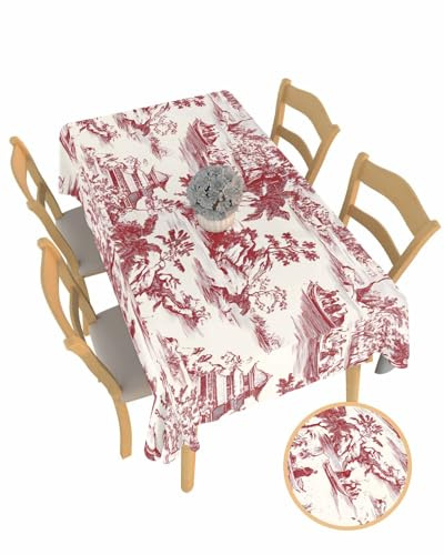 Rectangle Tablecloth Waterproof Spillproof Table Cloths,Chinoiserie Garden Asian Scenic Wipeable Table Cover for Kitchen Dining Camping Indoor Outdoor Tables 60 x 102,Pavilion Hill Boat Tree Red
