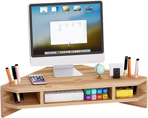Eck-Monitorständer mit Stifthalter und 2-stufiger Aufbewahrung, platzsparender dreieckiger Schreibtischaufsatz aus Holz, multifunktionaler Computer-Organizer fürs Büro