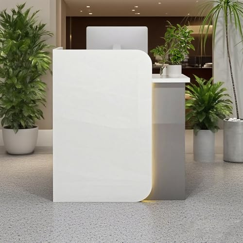 Poxvythb Bürotheke Rezeption Tisch, Schreibtisch mit abschließbarer Schublade, Eckkassentisch, Klein Tresen Bar Theke, für Hausbar Verkaufstheke Nagelstudio Bartheke(Weiß+Grau)