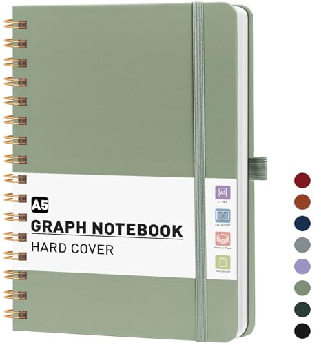 Notizbuch A5 Kariert - Spirale Collegeblock With 140 Blatt Haftnotizen | Hardcover Notebook,100GSM,180°flach,Karopapier (5 mm),14,5 x 21cm