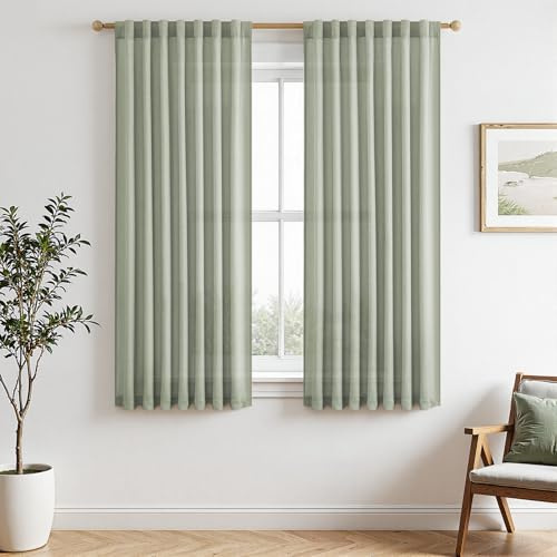 MRTREES Gardinen Schal mit Verdeckten Schlaufen Salbeigrün Leinenoptik Kurz Fenster Stores Fertig Wohnzimmer, Vorhang Leinen Halbtransparent 2er Set H 160 x B 140 cm, Vorhänge Küche Kinderzimmer