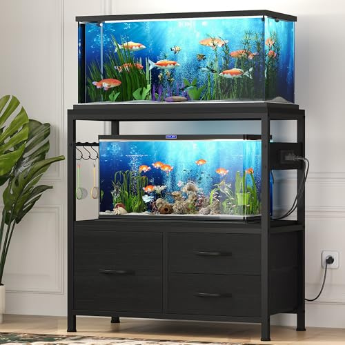 Heybly 20-29 Gallon Fish Tank Stand, Aquarium Stand with Drawer, Power Outlet, Heavy Duty Metal Frame, for Fish Tank, Turtle & Reptile Terrarium, 31.5 x 15.7 Top, 330lbs, Black HAS001BK