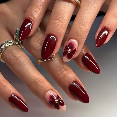 Rote Blume Press on Nails Set, 24-teilige künstliche Fingernägel Almond Form, DIY Maniküre-Set für Frauen und Mädchen
