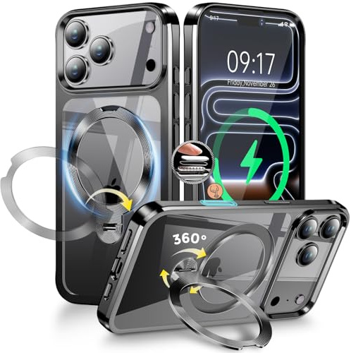 [Metal CD Ring & Invisible Stand 360° Rotation] Magnetic Case for iPhone 17 Pro Max [Magsafe Compatible] [Electroplated Shockproof Bumper] Slim Transparent Case - Black