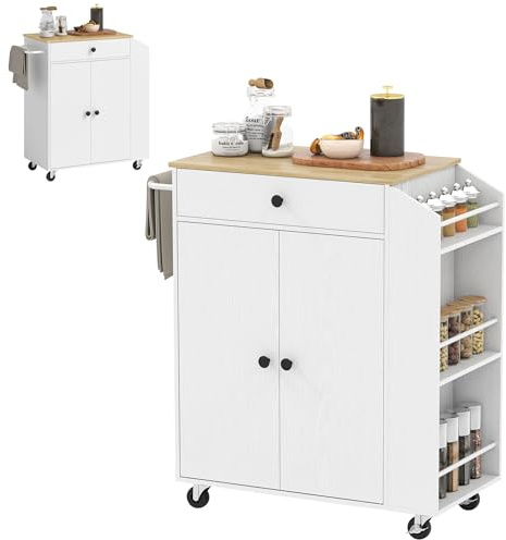 HOMCOM Kitchen Island on Wheels with Drawer, Rolling Kitchen Storage Trolley with 3-Tier Spice Rack, Towel Rack and Adjustable Shelf, White
