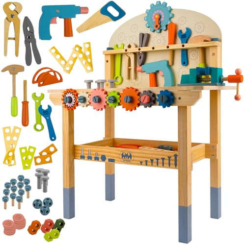 KRUZZEL Kinder Werkbank aus Holz 3-in-1 – Werkzeugbank mit Schraubstock, Zahnrädern & Zubehör – Lernspielzeug für Zuhause/Kit a – Rollenspiel, Motorik & Kreativität – Geschenk für Jungen & Mädchen