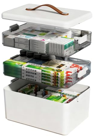 3-stöckige Hausapotheke Box Ledergriff herausnehmbare Fächer Medizinbox | Große Kapazität BPA-freier Kunststoff, luftdichter Verschluss, für Familie Büro Schule Reise, praktischer Ledergriff