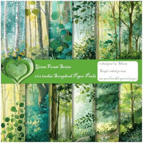 ZAKHSE Bastelpapier Quadratisch, 24 Blatt Grüner Wald Motivpapier, 15,2×15,2cm Einseitig Bedruckt Designpapier Öl Gemälde Gemustert Scrapbook Papier für DIY, Bastelarbeiten, Dekorationen, 12 Designs