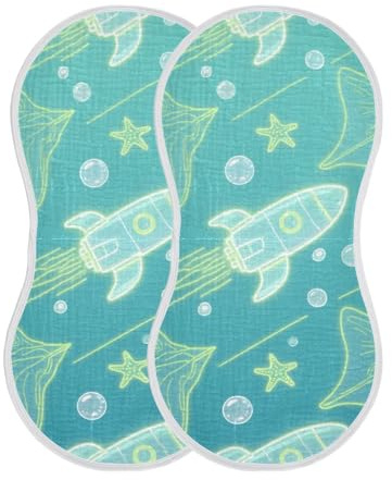 miaozhen Paños infantiles de muselina de algodón para eructos de nave espacial con diseño de animales mantarrayos, color verde y azul, grandes, absorbentes, para recién nacidos, juego de 2, 22 x 11