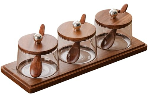 ANQIA Condiment Containers Set with Acacia Wood Lids and Tray Seasoning Box Condiment Pots Jars with Spoons for Spice Salt Sugar Cruet (Silver Top, 3 Jars with Tray)
