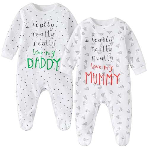 aomomo 2-Pack Romper Set, Newborn Clothes Cotton Long Sleeve Footie (White B, Newborn)