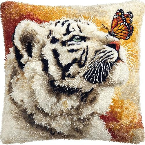 AMBATTERY Knüpfkissen Set Tiere: Weißer Tiger und Schmetterling Latch Hook Kissen Kit Knüpfteppich Knüpfpackung Set, Sofakissenbezug,DIY Kissen Knüpfset Mit Anleitung 43X43cm