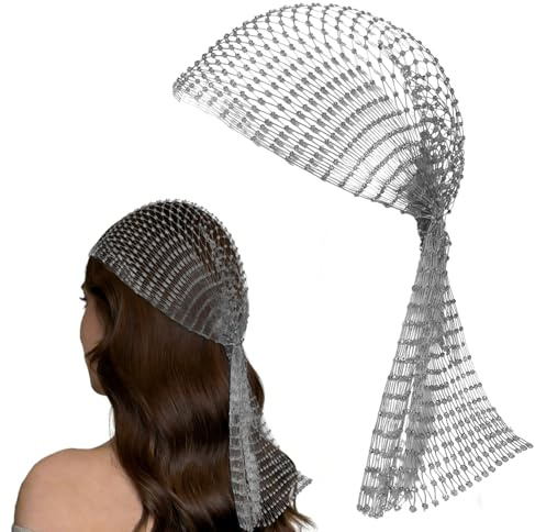 TIHNY Silberne Strass-Mesh-Haarspange für Damen | ABBA-Disco-Schmuck | Funkelndes Kettenhemd-Headpiece | Boho-Zigeuner-Kopftuch