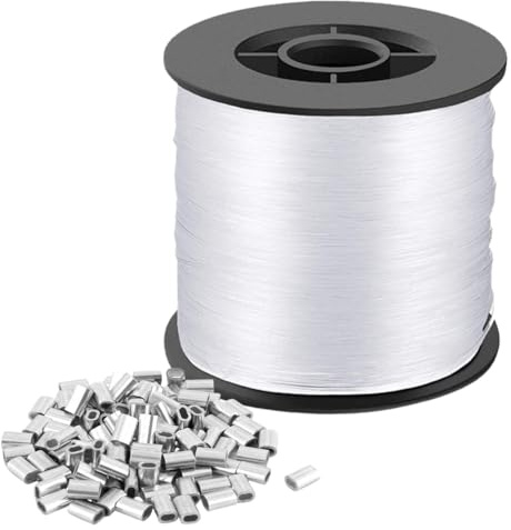 0,8 MM x 200 M Nylonfaden Transparent Reißfest, Durchsichtige Schnur mit 100 Stück Aluminium Crimphülsen, Angelschnur, Nylonschnur für DIY Crafting, Angel, Basteln, Schmuck, Aufhängen
