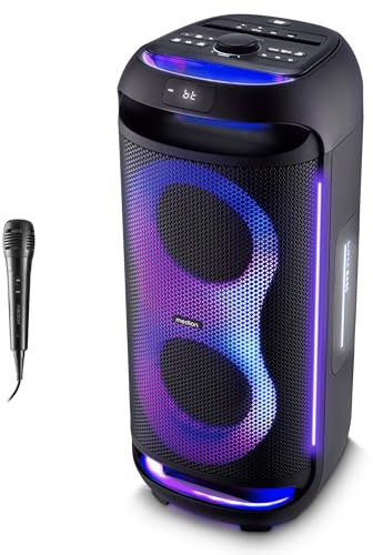 MEDION PE-2 Plus Partybox Akku mit Mikrofon - Musikbox groß | Partylautsprecher mit Karaoke, Lichteffekte, Mikrofon & Gitarren Anschluss, tragbarer Bluetooth Lautsprecher, AUX, USB