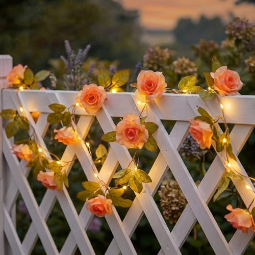 Rose Fairy Lights, 2.2m 40 LED Orange-Red Artificial Flower Ivy String Lights, 8 Lighting Modes Garden Lights, Battery Operated Fake Leaf Decoration Perfect for Indoor Bedroom Balcony Wedding Party
