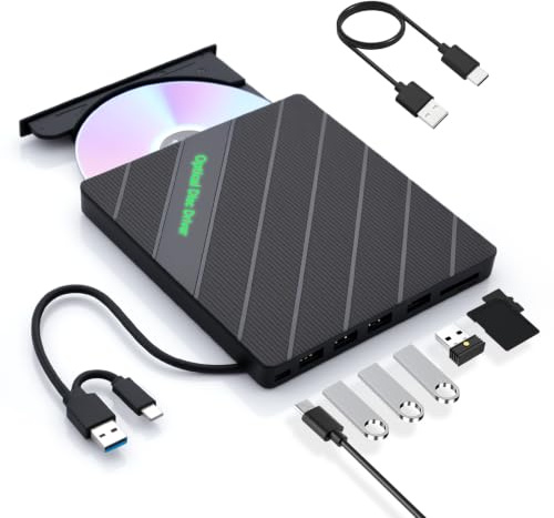 ELUTENG Extern DVD-CD-enhet USB 3.0 & Typ-C, 7-i-1 multifunktionell brännare och spelare, bärbar CD/DVD-+/-RW ReWriter med 0,6 m USB-C kabel för bärbar dator, PC, MacBook, Windows 11/10/8/7, Mac OS