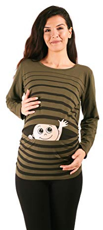 Winke Winke Baby – roligt roligt sött mammamode randig mammaskjorta med motiv för graviditet, långärmad, kaki, XL
