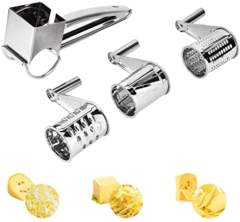 Rallador de queso rotativo, Cortador de queso de acero inoxidable Rebanador de verduras con 3 tambores rotativos manuales intercambiables para el hogar, la cocina