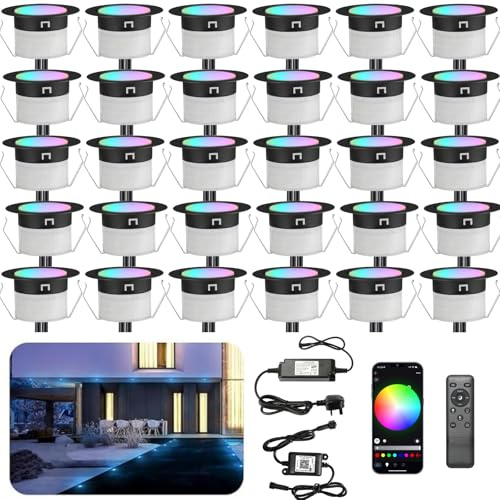 INDARUN RGBW WiFi Led Decking Lights Waterproof IP67 Ø31MM 12V - Bluetooth Led Plinth Lights for Terrace/Patio/Path/Wall/Garden/Decoration, 30 Packs