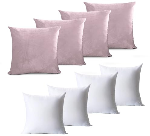 Hafaa Velvet Cushions with Covers Included Set of 8 (4 Pink Cushion Covers 45 x 45, 4 Cushion Inserts) Luxury Decorative Fluffy Square Throw Pillow Case Sofa Cushion with Invisible Zipper