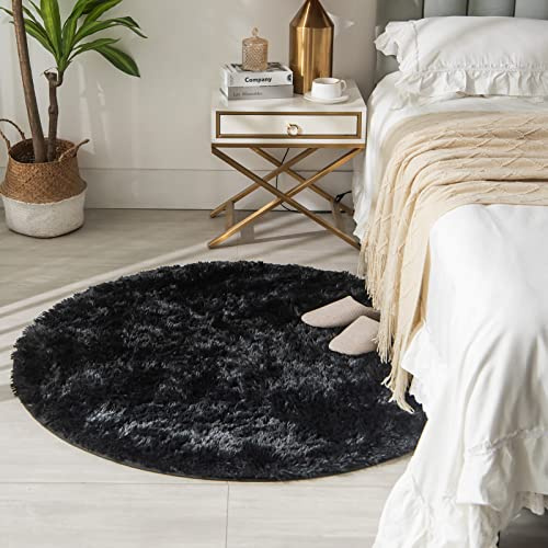 CHOSHOME Teppich Rund Wohnzimmer Hochflor Waschbar Teppich Shaggy 80CM Runden Teppiche Einfarbig Runder Flauschig Teppiche Weich fürs Flur Schlafzimmer Kinderzimmer Babyzimmer Schwarz