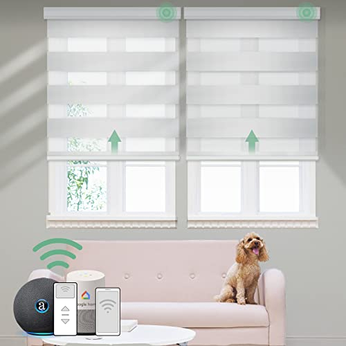 Yoolax Elektrisches Doppelrollo, Duo Rollo mit Fernbedienung, Fensterrollo innen Alexa kompatibel, Rollos für Fenster Nach Maß,90% Verdunkelung, Weiß