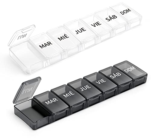 Opret Pastillero Semanal 1 Toma Español (2 Piezas), Pastillero Diario con 7 Compartimentos Grandes, Organizador Pastillas y Dispensador Comprimidos para Viaje