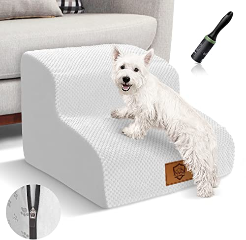 Myiosus Hundetreppe für Sofa, hochdichter Schaumstoff, Haustiertreppe für Bett, 2-stufige Hundetreppe mit rutschfestem Bezug, waschbare Hunderampenleiter für Hunde und Katzen, Weiß