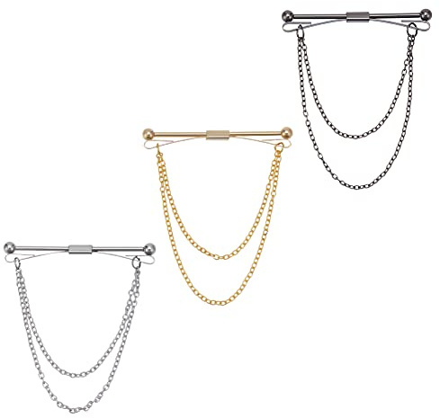 WEBEEDY 3 STÜCK Krawattennadel-Set Für Männer Kragenklammer-Set Krawattenklammer-Kette Fransen-Krawattenketten-Sets Anstecknadel-Clips Mit Kette Kragenstange Quastenbrosche (Gold Silber Schwarz)