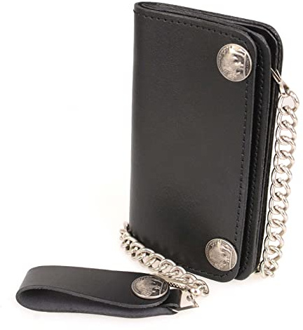 Milwaukee Leather MLW7801 Men's 6” Leather Long Bi-Fold Biker Wallet w/Anti-Theft Stainless Steel Chain and Buffalo Nickel Snaps - One Size