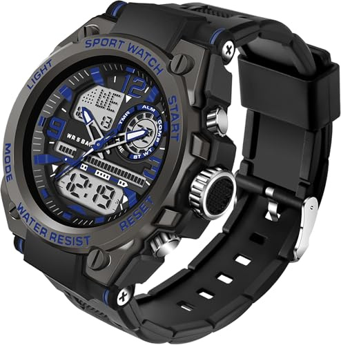 findtime Militärklocka för män taktisk vattentät klocka sport utomhus digital analog armbandsur armé stort ansikte larm stoppur LED-klocka för män, BLÅ, armband