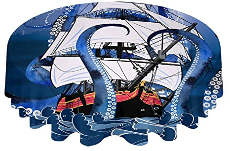 Tischdecke 152cm Octoplus Tentakel Segelschiff Mon-Ster Nautisches Meeresleben Wachstuch Rund Wachstischdecke Abwaschbar Garten Tischdecke Für Party Abendessen Picknick