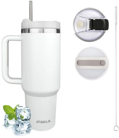 STARLA Thermobecher mit Strohhalm und Henkel 1,2l groß, 2 Deckel, auslaufsicher, Edelstahl Isolierbecher Kaffeebecher To Go Wasserbecher Getränkebecher Reisebecher Trinkbecher mit Griff (Weiss)