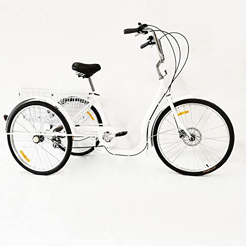 awolsrgiop 26 Zoll Dreirad Für Erwachsene, 26'' 3 Räder 6-Gang Fahrrad Erwachsenen Fahrrad Einkaufen Tricycle mit Einkaufskorb, Fahrrad Erwachsene Dreirad Erwachsene für Männer und Frauen, Weiß