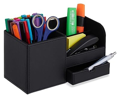 Relaxdays Schreibtisch Organizer, Büroorganizer mit 3 Fächern & Schublade, HBT: 12 x 22,5 x 11 cm, Stiftehalter, schwarz