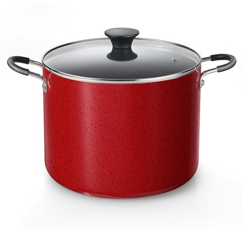 Cook N Home Nonstick Stockpot with Lid 10.5-QT, Professional Deep Cooking Pot Canning Cookware Stock Pot with Glass Lid, Marble Red