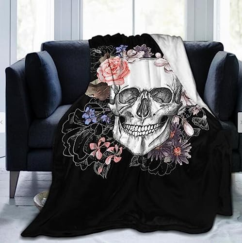 SSTREE Rose Skull Throw Blanket for Adults, Black and White Flower Fleece, Fuzzy Soft Sherpa Blanket Gifts for Teens Women(Skull, 50x60)